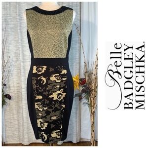Belle Badgley Mischka black and old gold floral sleeveless sheath dress.